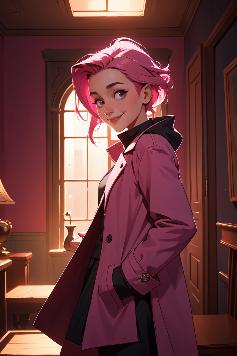 385980-1770595796-masterpiece,best quality,1girl, leaning forward coat pink hair shadow dramatic lighting Georgeana Ireland matrix ,smile, _lora_G.png